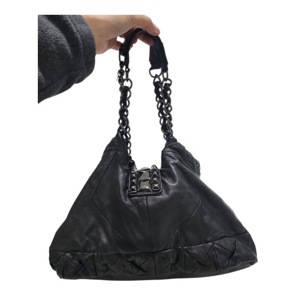 Betsey Johnson Whips & Studs 100% Lambskin Hobo Matte black Shoulder Bag Punk - Picture 11 of 12